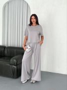 Osy Modal Yumuşak Dokulu Kumaş Bisiklet Yaka T-shirt  Bol Paça Pantalon Ikili Takım - Boyalı Gri resmi